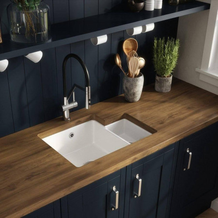 PS130H22L Nuie Undermount 549 x 441mm Fireclay White LH 1.5 Bowl Kitchen Sink Lifestyle