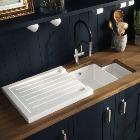 PS130H22L Nuie Undermount 549 x 441mm Fireclay White LH 1.5 Bowl Kitchen Sink with Sink Drainer