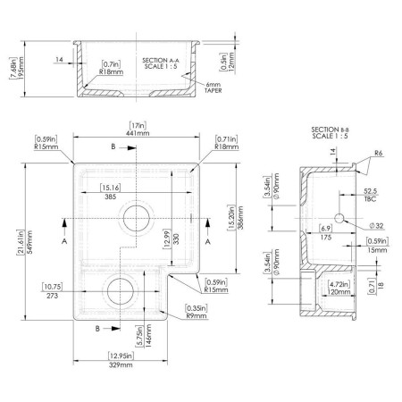 PS130H22L Nuie Undermount 549 x 441mm Fireclay White LH 1.5 Bowl Kitchen Sink Line Drawing