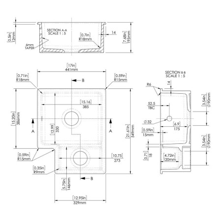 PS130H22R Nuie Undermount 549 x 441mm Fireclay White RH 1.5 Bowl Kitchen Sink Line Drawing