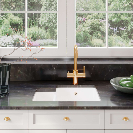 PS130H22R Nuie Undermount 549 x 441mm Fireclay White RH 1.5 Bowl Kitchen Sink Lifestyle