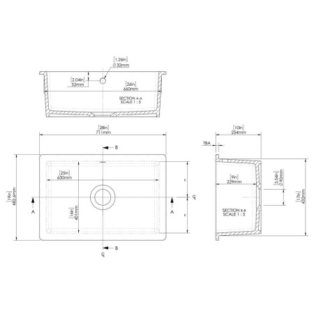 PS11628 Nuie Undermount 711 x 483mm Fireclay White Kitchen Sink Line Drawing