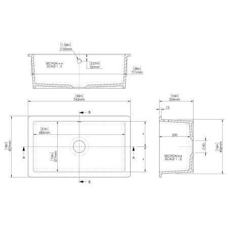 PS12630 Nuie Undermount 763 x 457mm Fireclay White Kitchen Sink Line Drawing