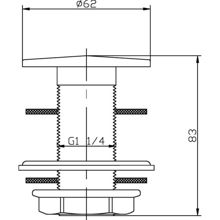 ER02 Nuie Unslotted Flip Top Basin Waste Line Drawing