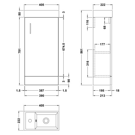 NVX192 Nuie Vault 400mm Floor Standing Gloss White Vanity Unit with Basin Line Drawing