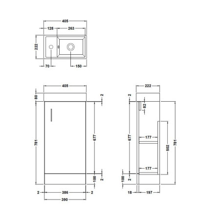 MIN024 Nuie Vault 400mm Floor Standing Satin Soft Black Vanity Unit with Basin Line Drawing