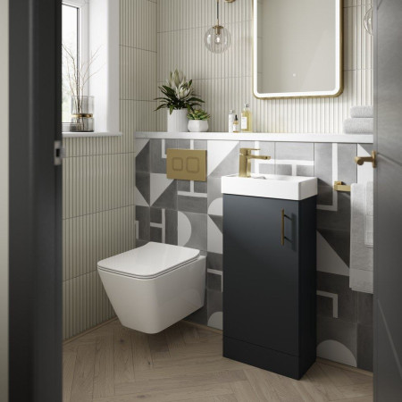 MIN024 Nuie Vault 400mm Floor Standing Satin Soft Black Vanity Unit with Basin Lifestyle
