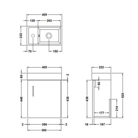 MIN025 Nuie Vault 400mm Wall Hung Satin Soft Black Vanity Unit with Basin Line Drawing