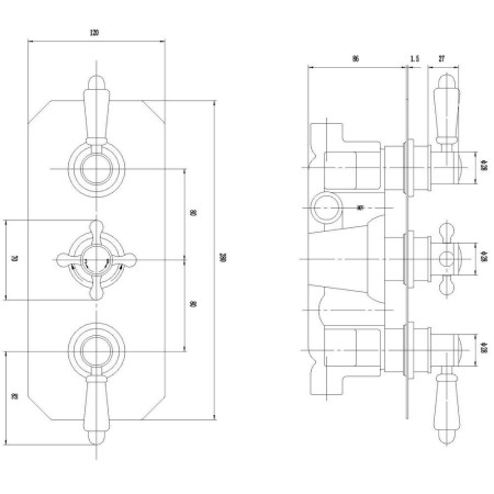 ITY317 Nuie Victorian Triple Concealed Thermostatic Shower Valve Line Drawing