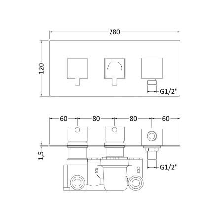 A3077 Nuie Volt Square Twin Thermostatic Shower Valve with Diverter and Outlet Line Drawing