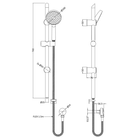 JTY035 Nuie Water Saving Slider Rail Kit Dimensions