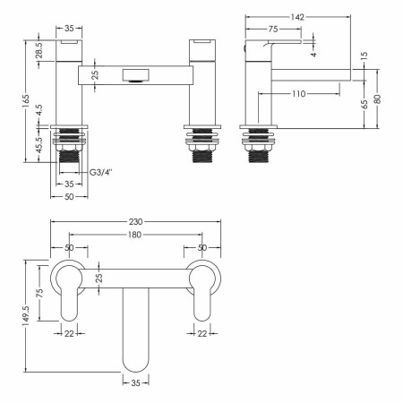 Nuie Windon Brushed Brass 2TH Basin Mixer Wall Mounted Technical Drawing