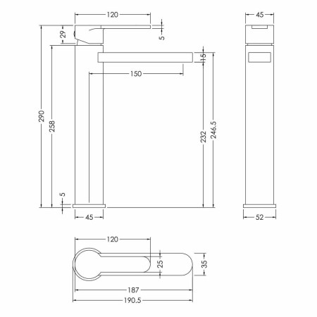 Nuie Windon Brushed Brass High Rise Basin Mixer Line Drawing