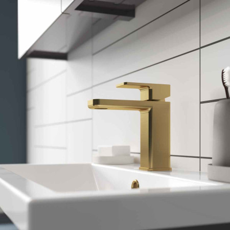 Nuie Windon Brushed Brass Mono Basin Mixer with Push Button Waste Lifestyle