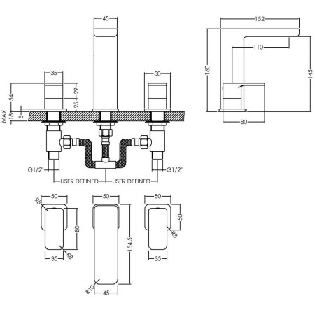 WIN337 Nuie Windon Chrome 3TH Basin Mixer Line
