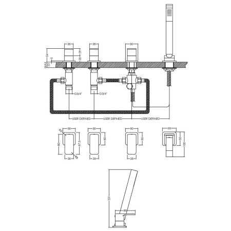 WIN334 Nuie Windon Chrome 4TH Bath Shower Mixer Line