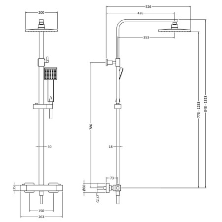 JTY486 Nuie Windon Square Thermostatic Bar Shower with Telescopic Kit Black Dimensions