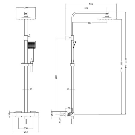 JTY886 Nuie Windon Square Thermostatic Bar Shower with Telescopic Kit Brushed Brass Dimensions
