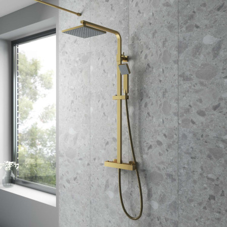 JTY886 Nuie Windon Square Thermostatic Bar Shower with Telescopic Kit Brushed Brass Lifestyle