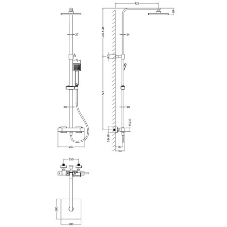 JTY786 Nuie Windon Square Thermostatic Bar Shower with Telescopic Kit Brushed Gunmetal Dimensions