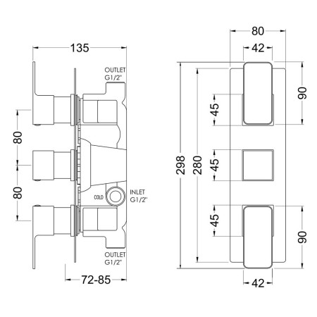 WIN15TR02 Nuie Windon Triple Thermostatic Two Outlet Brushed Bronze Shower Valve Line Drawing