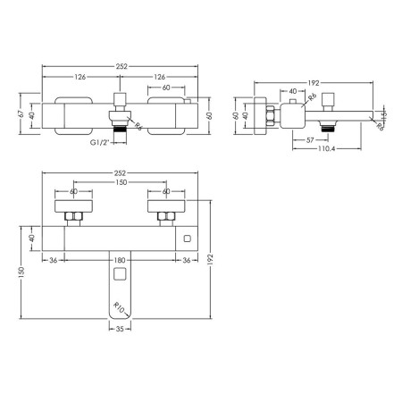 WIN005 Nuie Windon Wall Mounted Thermostatic Bath Shower Mixer in Chrome Line Drawing