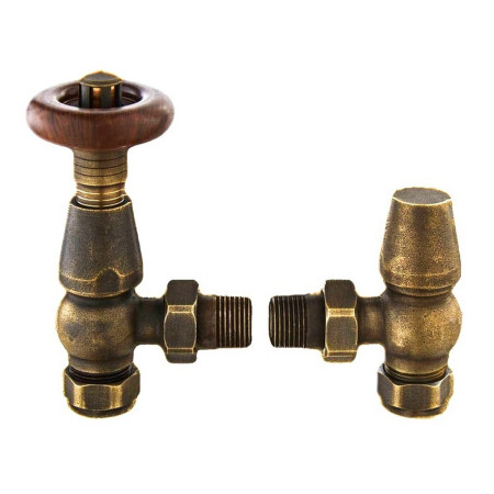 Vantara Angled Thermostatic Antique Brass Traditional Radiator Valve Pack