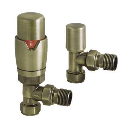 Vantara Angled Thermostatic Brushed Brass Radiator Valve Pack