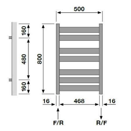 VAFRMC08050 Vantara Form Chrome 800 x 500mm Towel Radiator Technical Drawing