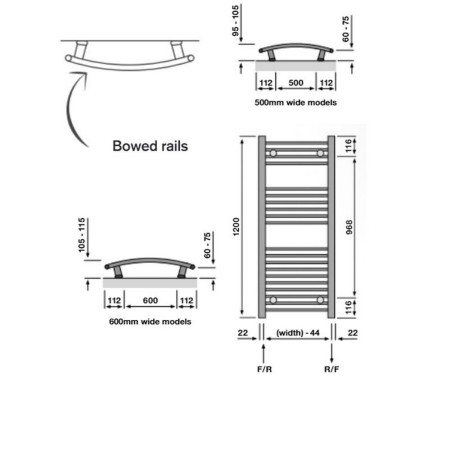 VAAURT120060 Vantara Aurelius Curved White 1200 x 600mm Towel Radiator Technical Drawing