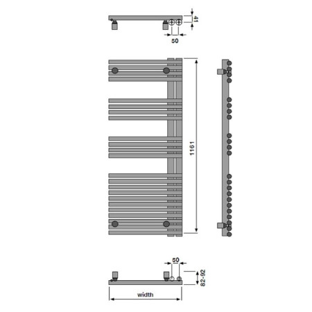 VASOVR120060 Vantara Sovereign Right Hand White 1161 x 596mm Towel Radiator Technical Drawing