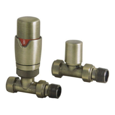 Vantara Straight Thermostatic Brushed Brass Radiator Valve Pack