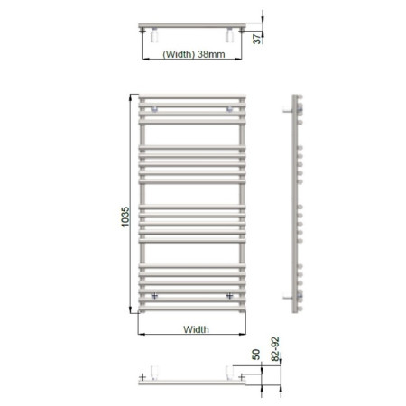 VAVRNL10005005557 Vantara Verona Lux Matt Black 1035 x 496mm Towel Radiator Technical Drawing