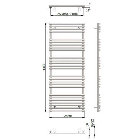 VAVRNL14005005521 Vantara Verona Lux Quartz White 1355 x 496mm Towel Radiator Technical Drawing