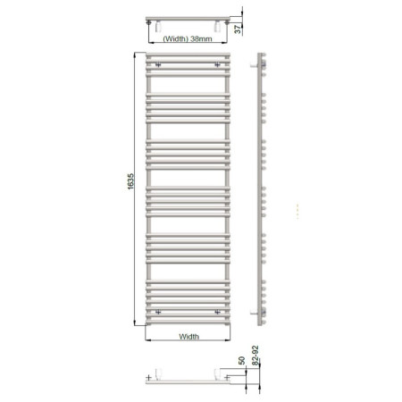 VAVRNL16005005521 Vantara Verona Lux Quartz White 1635 x 496mm Towel Radiator Technical Drawing