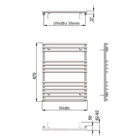VAVRNL07005005521 Vantara Verona Lux Quartz White 675 x 496mm Towel Radiator Technical Drawing