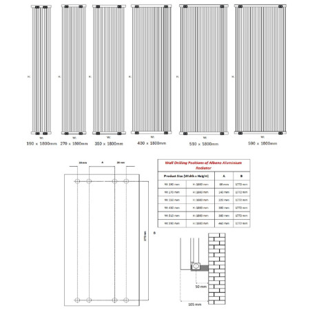 A-ABN18026A Reina Albano 1800 x 270mm Anthracite Vertical Aluminium Radiator Line Drawing