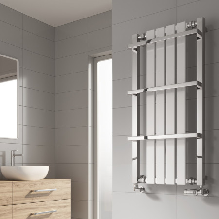 RND-ASH100049W Reina Ashen 1000 x 490mm Mild Steel Heated Towel Rail in White and Chrome Lifestyle