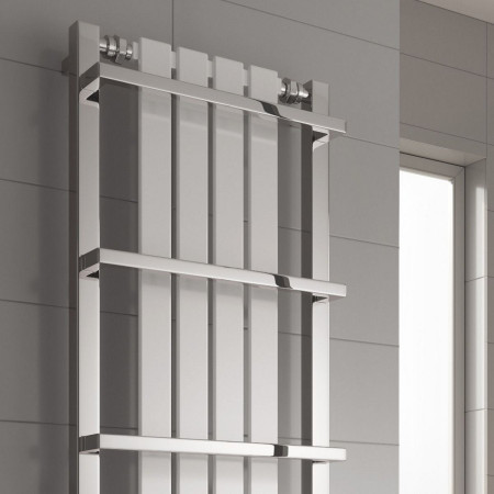RND-ASH100049W Reina Ashen 1000 x 490mm Mild Steel Heated Towel Rail in White and Chrome Close Up