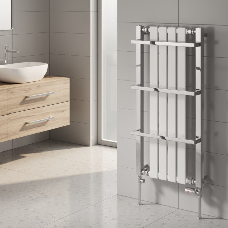 RND-ASH100049W Reina Ashen 1000 x 490mm Mild Steel Heated Towel Rail in White and Chrome with Straight Valves