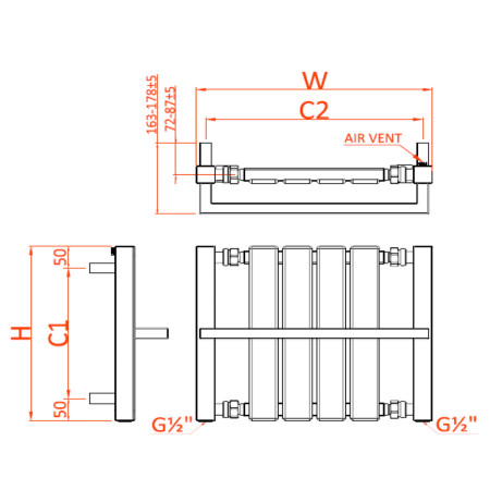 RND-ASH070049K Reina Ashen 700 x 490mm Mild Steel Heated Towel Rail in Chrome and Black Technical Drawing