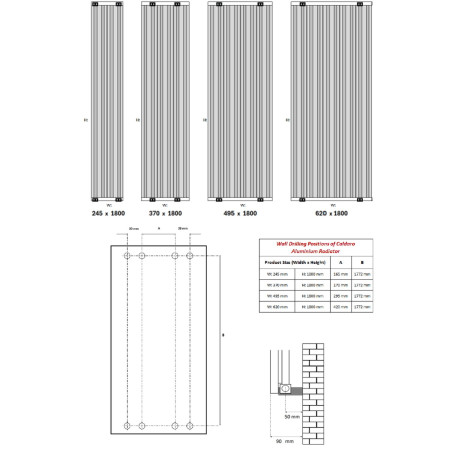 A-CDR180024A Reina Caldaro 1800 x 245mm Anthracite Vertical Aluminium Radiator Line Drawing