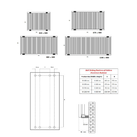 A-CDR060087W Reina Caldaro 600 x 870mm White Horizontal Aluminium Radiator Line Drawing