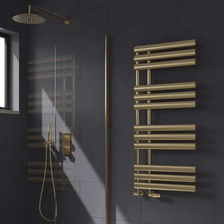 RND-CHS113B Reina Chisa 1130 x 500mm Brushed Brass Designer Heated Towel Rail Lifestyle
