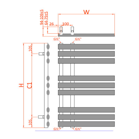 RND-CHS082B Reina Chisa 820 x 500mm Brushed Brass Designer Heated Towel Rail Technical Drawing