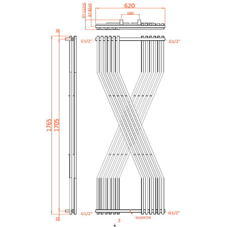 RND-CRD1862C Reina Coredo Mild Steel 1760 x 620mm Radiator in Chrome Technical Drawing