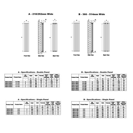 RND-FL185WD Reina Flat Double 1800 x 366mm White Vertical Designer Radiator Technical Drawing