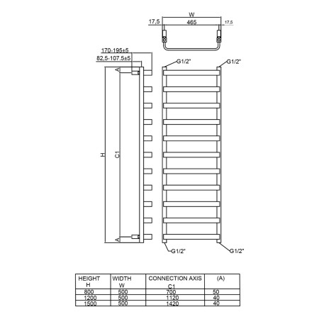RND-FLA0805G Reina Flora 800 x 500mm Gunmetal Designer Heated Towel Rail Technical Drawing
