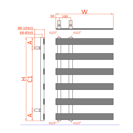 RND-FR515R Reina Florina 1525 x 500mm Heated Towel Rail in Brushed Brass Technical Drawing
