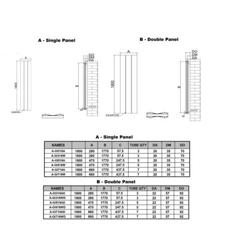 A-GI518W Reina Gio 1800 x 470mm Single Vertical White Aluminium Radiator Line Drawing